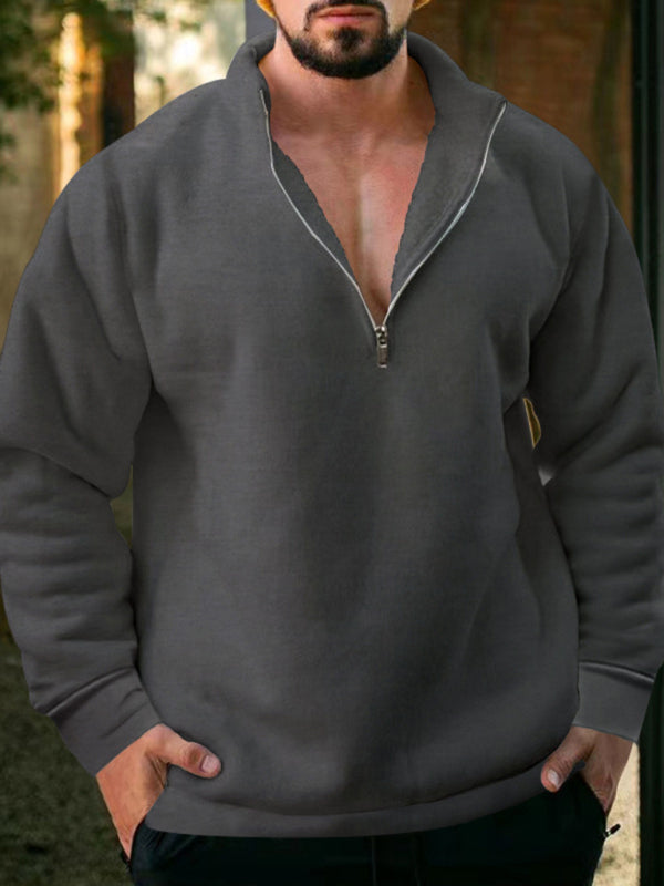Valentin Beaumont — men's fleece stand collar loose casual half zipper solid color hoodie, alternate view 17