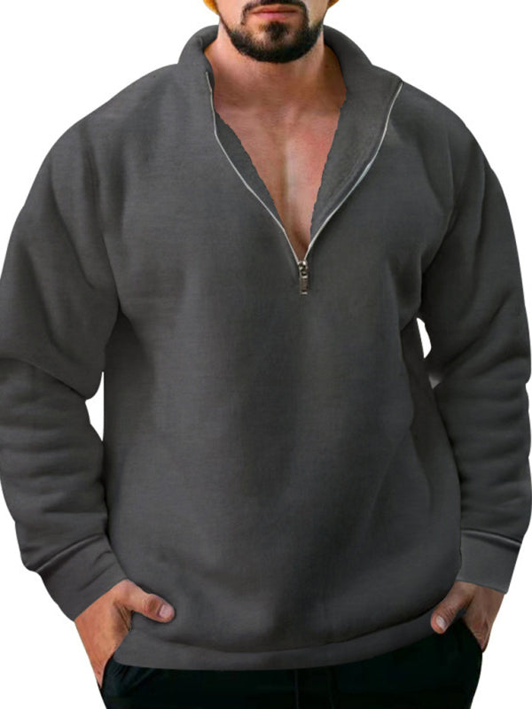 Valentin Beaumont — men's fleece stand collar loose casual half zipper solid color hoodie, alternate view 16