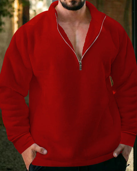 New men's fleece stand collar loose casual half zipper solid color hoodie