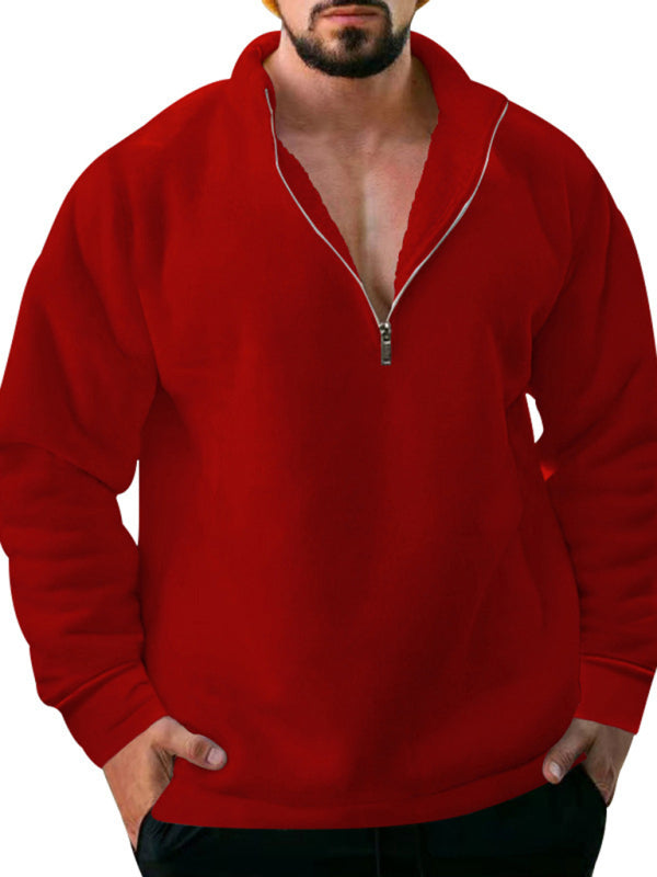 Valentin Beaumont — men's fleece stand collar loose casual half zipper solid color hoodie, alternate view 3