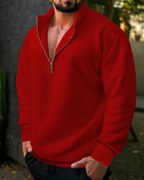 New men's fleece stand collar loose casual half zipper solid color hoodie
