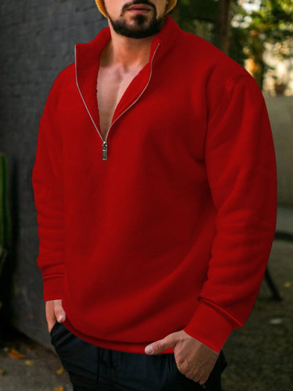 Valentin Beaumont — men's fleece stand collar loose casual half zipper solid color hoodie, alternate view 2