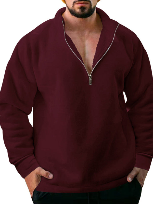 Valentin Beaumont — men's fleece stand collar loose casual half zipper solid color hoodie, alternate view 4