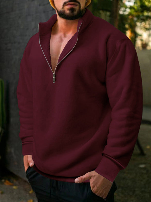 Valentin Beaumont — men's fleece stand collar loose casual half zipper solid color hoodie, alternate view 6