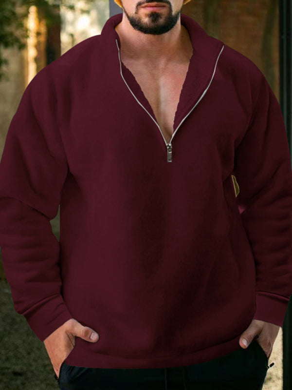 Valentin Beaumont — men's fleece stand collar loose casual half zipper solid color hoodie, alternate view 5