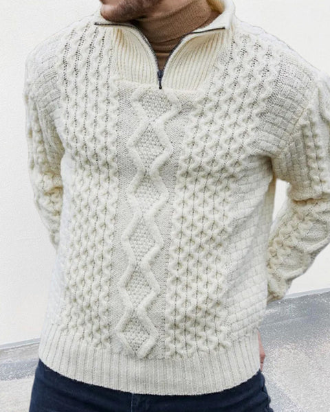 Men's zipper turtleneck long sleeve cable sweater