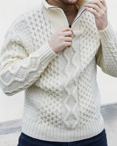 Men's zipper turtleneck long sleeve cable sweater