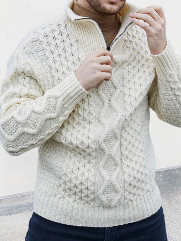 Quentin Beaumont — Men's zipper turtleneck long sleeve cable sweater, alternate view 2