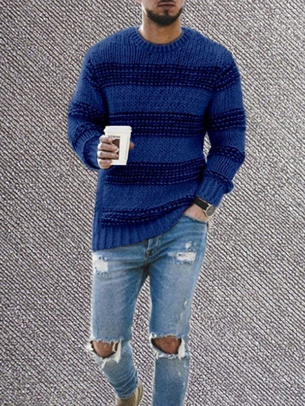 Olivier Beaumont — Men's fitted striped round neck long sleeve knitted sweater, alternate view 4