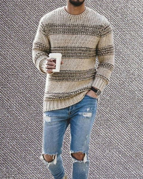 Men's fitted striped round neck long sleeve knitted sweater