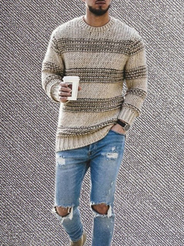 Olivier Beaumont — Men's fitted striped round neck long sleeve knitted sweater