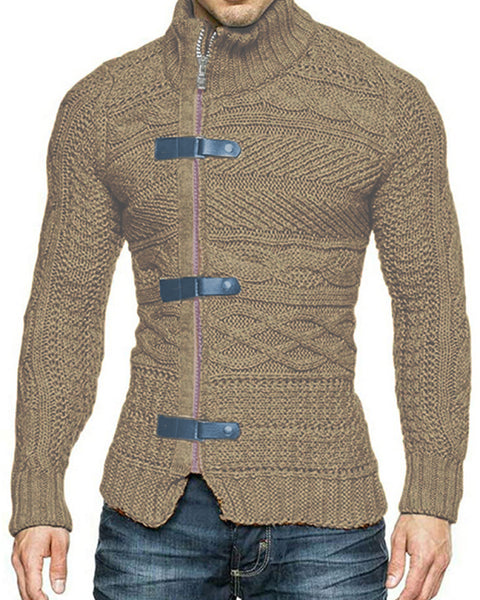 Men's Leather Button Long Sleeve Knitted Cardigan Jacket