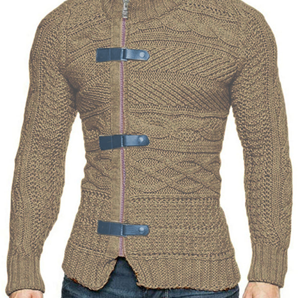 Men's Leather Button Long Sleeve Knitted Cardigan Jacket