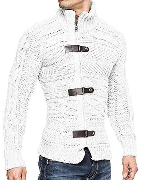Men's Leather Button Long Sleeve Knitted Cardigan Jacket