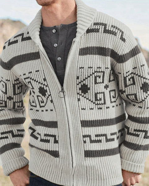 Men's casual lapel jacquard knitted jacket