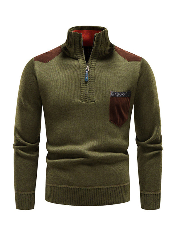 Adrien Laurent — Men's stand-up collar thickened patchwork half-zip lapel sweater pullover sweater