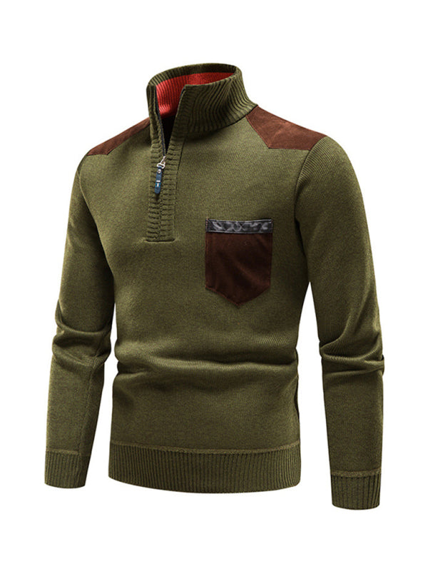Men's stand-up collar thickened patchwork half-zip lapel sweater pullover sweater