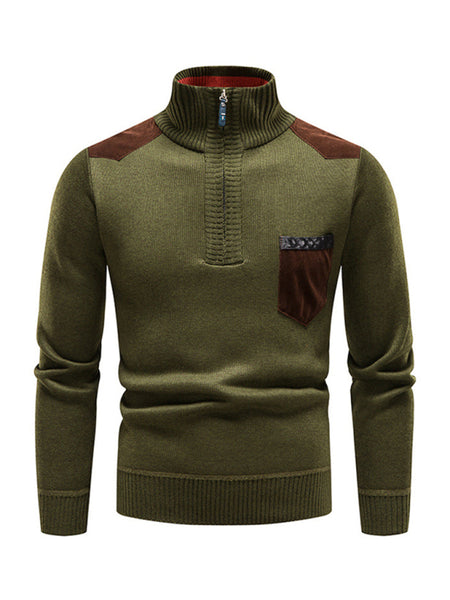 Men's stand-up collar thickened patchwork half-zip lapel sweater pullover sweater
