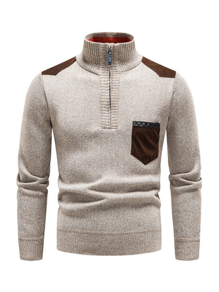 Men's stand-up collar thickened patchwork half-zip lapel sweater pullover sweater