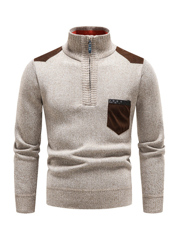 Adrien Laurent — Men's stand-up collar thickened patchwork half-zip lapel sweater pullover sweater, alternate view 12