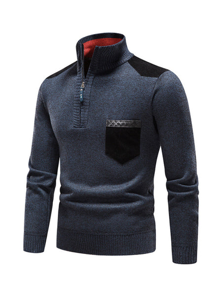 Men's stand-up collar thickened patchwork half-zip lapel sweater pullover sweater