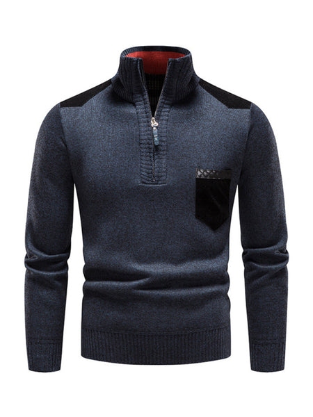 Men's stand-up collar thickened patchwork half-zip lapel sweater pullover sweater