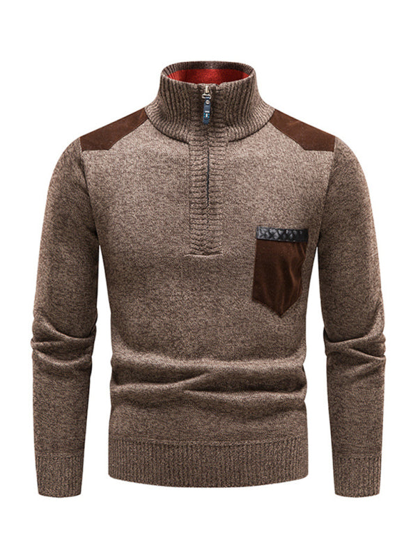 Men's stand-up collar thickened patchwork half-zip lapel sweater pullover sweater