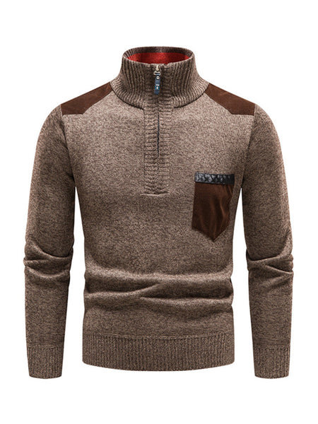 Men's stand-up collar thickened patchwork half-zip lapel sweater pullover sweater