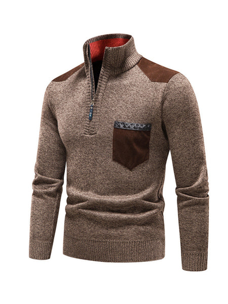 Men's stand-up collar thickened patchwork half-zip lapel sweater pullover sweater