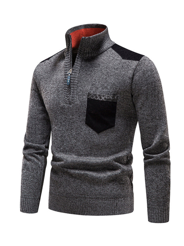 Men's stand-up collar thickened patchwork half-zip lapel sweater pullover sweater