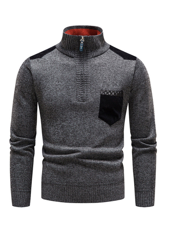 Adrien Laurent — Men's stand-up collar thickened patchwork half-zip lapel sweater pullover sweater, alternate view 6