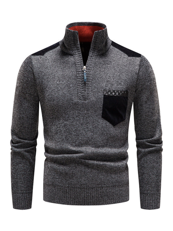 Men's stand-up collar thickened patchwork half-zip lapel sweater pullover sweater