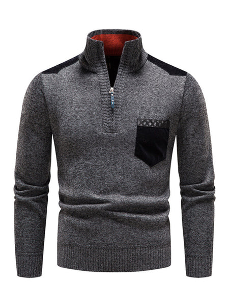 Men's stand-up collar thickened patchwork half-zip lapel sweater pullover sweater