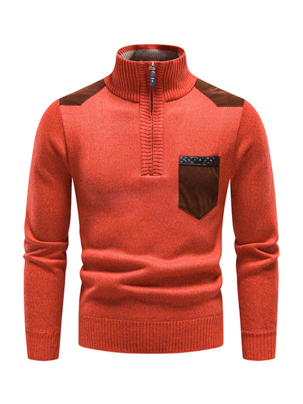 Men's stand-up collar thickened patchwork half-zip lapel sweater pullover sweater