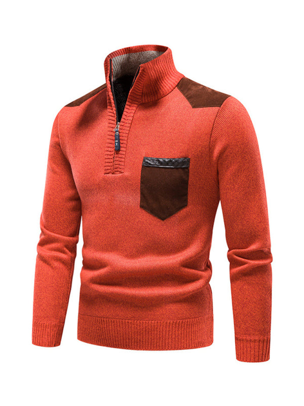 Men's stand-up collar thickened patchwork half-zip lapel sweater pullover sweater