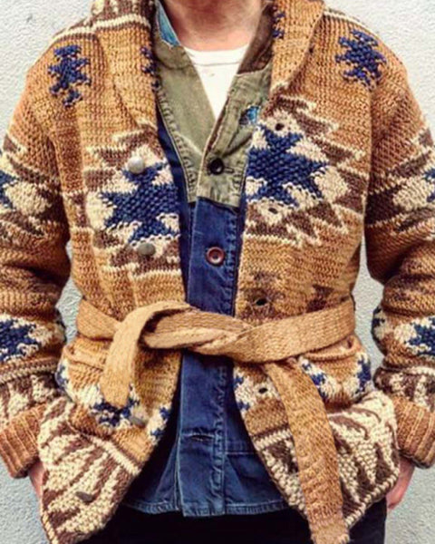 Men's Folk Pattern Knit Cardigan Sweater