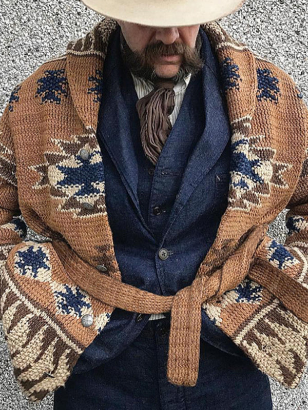Tristan Beaumont — Men's Folk Pattern Knit Cardigan Sweater, alternate view 4