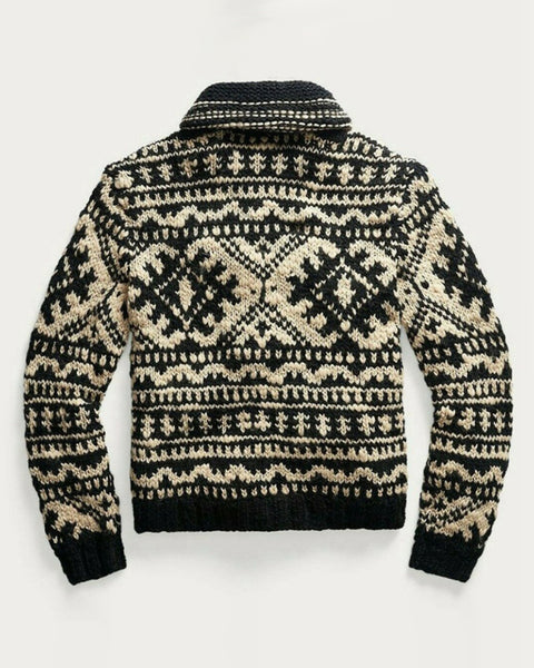 Men's Jacquard Knit Jacket Lapel Long Sleeve Jacket Sweater