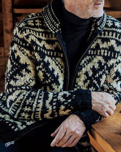 Men's Jacquard Knit Jacket Lapel Long Sleeve Jacket Sweater