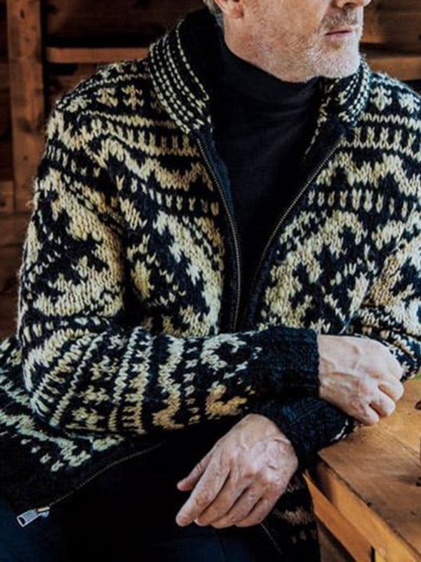 Damian Beaumont — Men's Jacquard Knit Jacket Lapel Long Sleeve Jacket Sweater