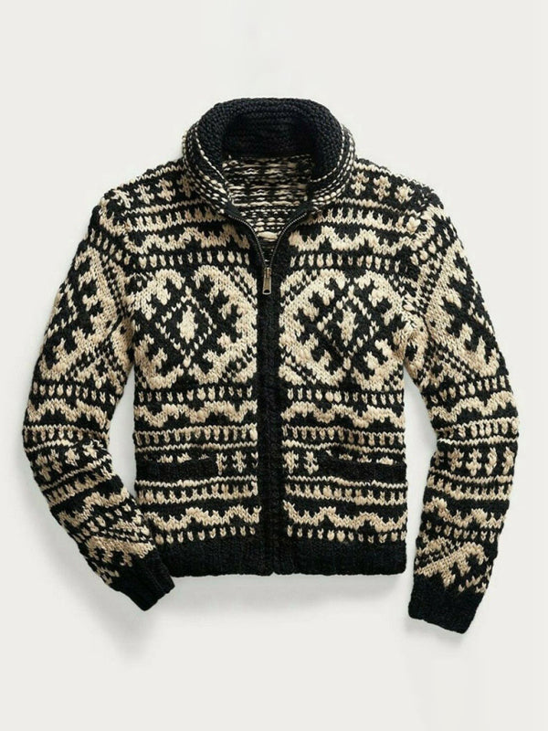 Damian Beaumont — Men's Jacquard Knit Jacket Lapel Long Sleeve Jacket Sweater, alternate view 3