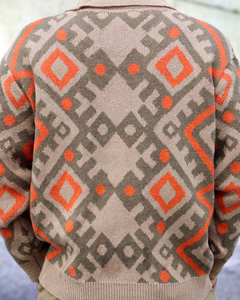 Men's retro heavy-duty jacquard cardigan sweater autumn and winter lapel long-sleeved knitted jacket