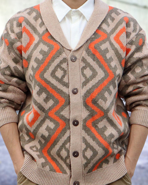 Men's retro heavy-duty jacquard cardigan sweater autumn and winter lapel long-sleeved knitted jacket