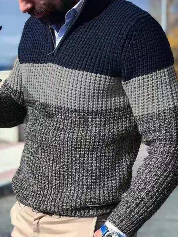 Pascal Beaumont — Men's stand-up collar zippered half-platform color-blocked casual V-neck sweater, alternate view 3