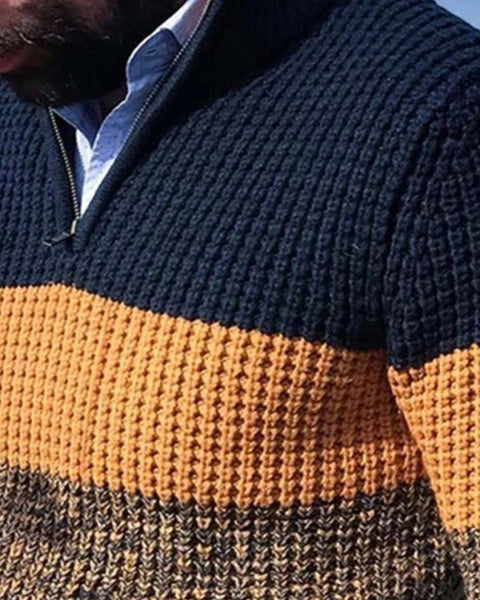 Men's stand-up collar zippered half-platform color-blocked casual V-neck sweater