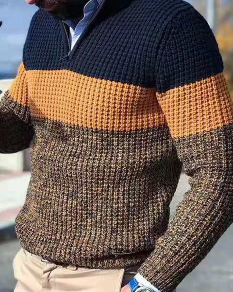 Men's stand-up collar zippered half-platform color-blocked casual V-neck sweater