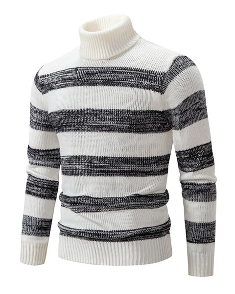Men's New Striped Patchwork Turtleneck Slim Fit Sweater Base Layer