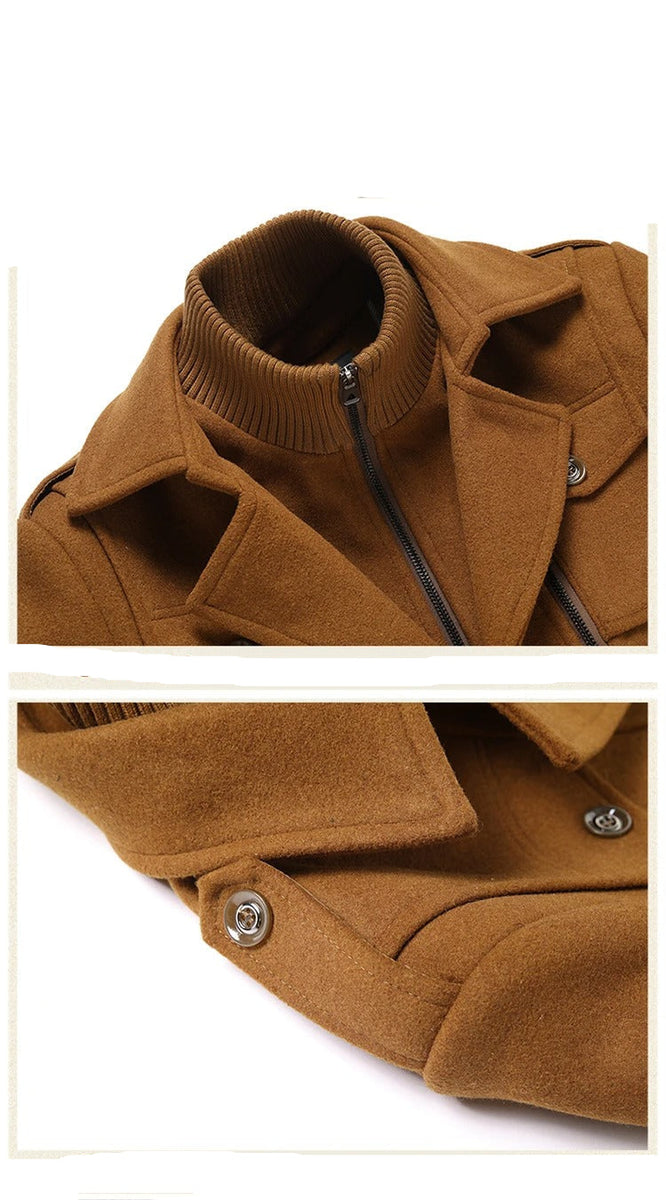 Men's Double Collar Wool Business Coat Winter (Khaki)