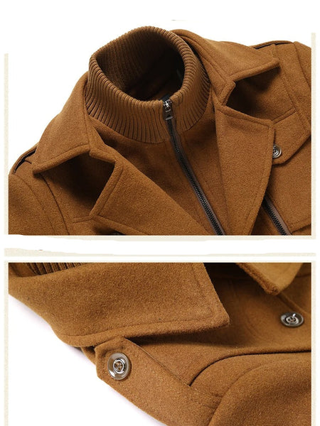 Men's Double Collar Wool Business Coat Winter (Khaki)