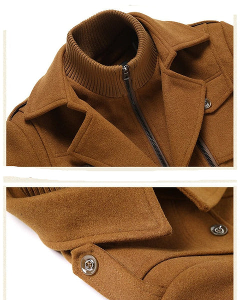 Men's Double Collar Wool Business Coat Winter (Khaki)